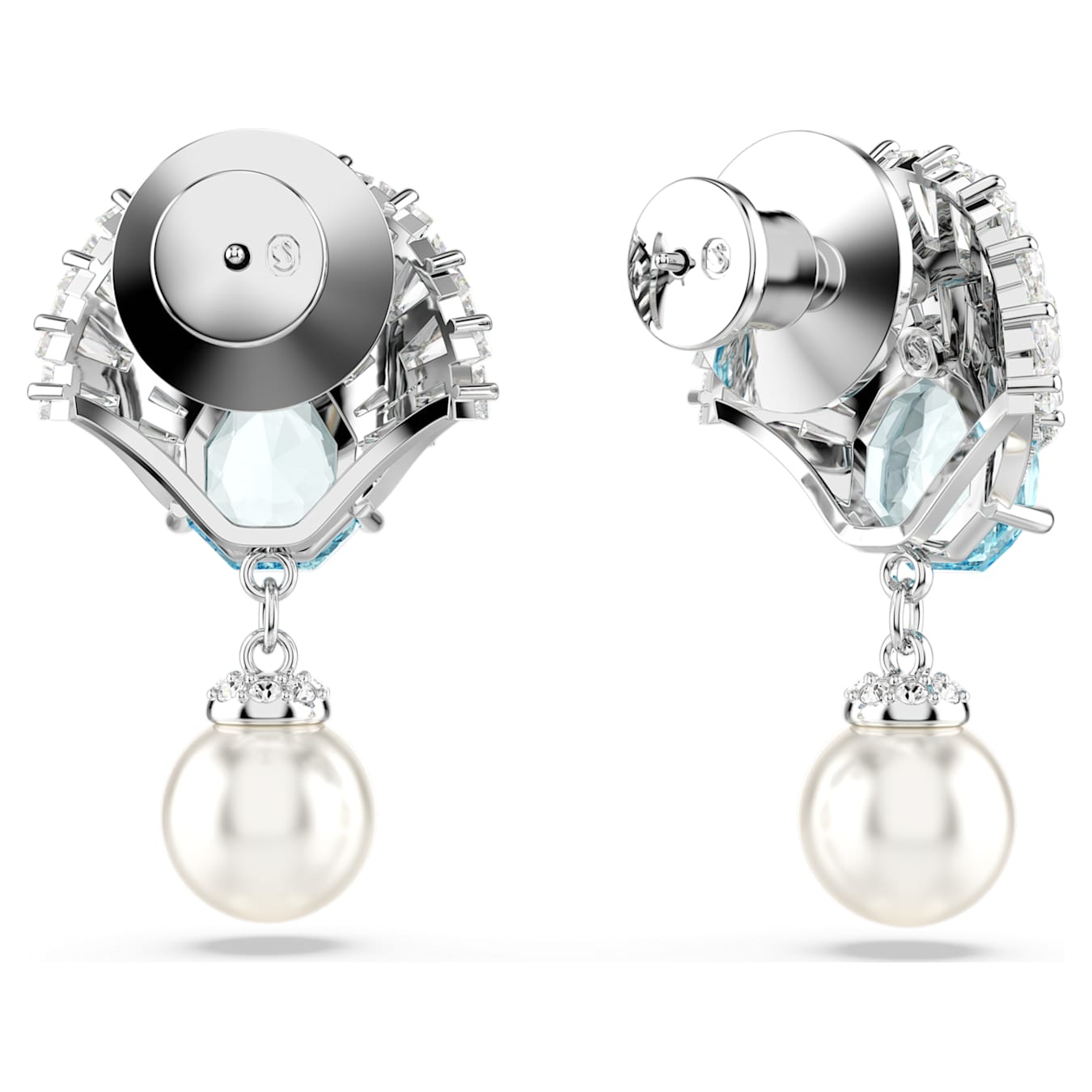 Swarovski Idyllia Drop Earrings with blue shell design and rhodium plating, elegant jewelry featuring sparkling crystal accents.