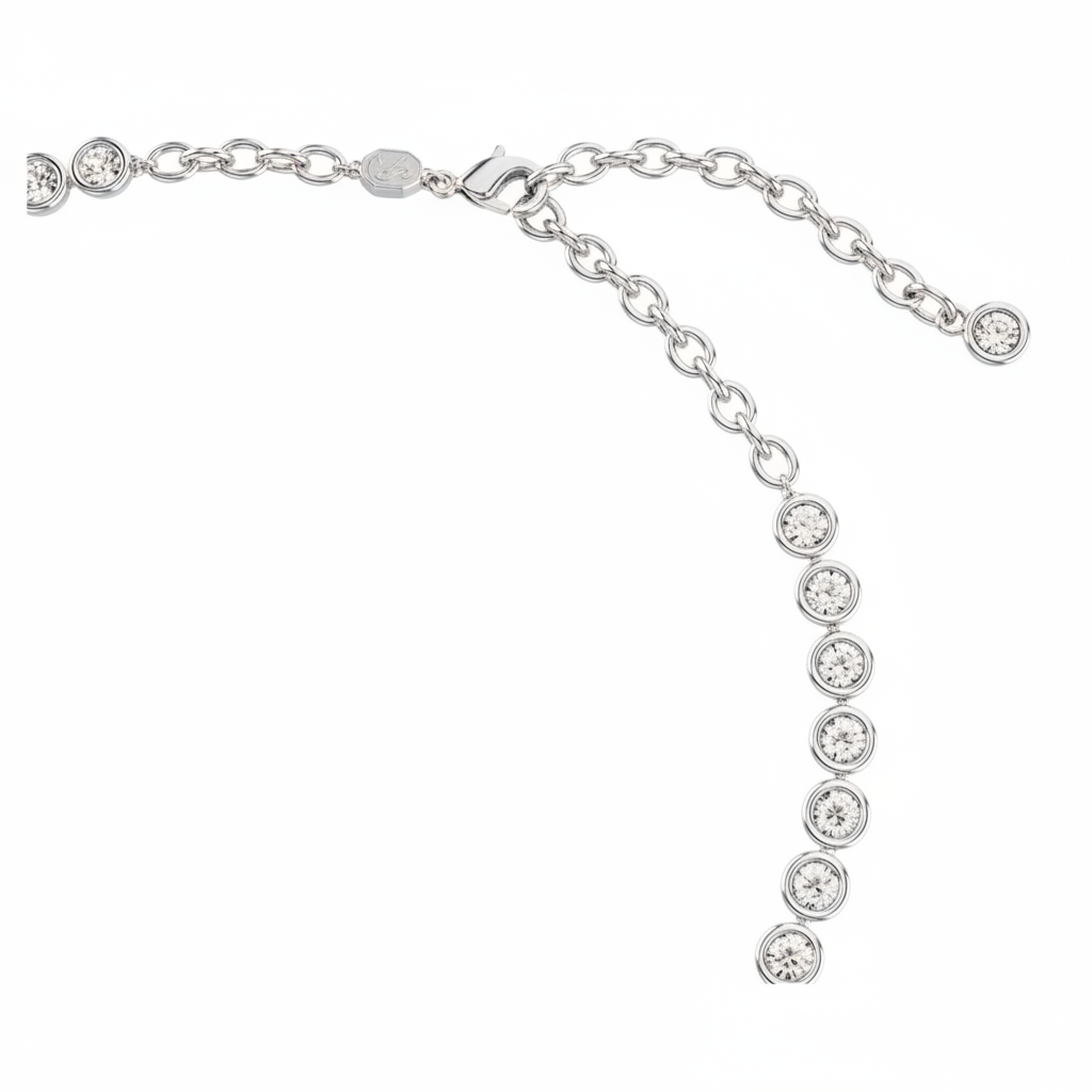 Swarovski Imber Tennis Necklace with round cut white crystals, rhodium plated, showcasing a sparkling elegant jewelry piece.