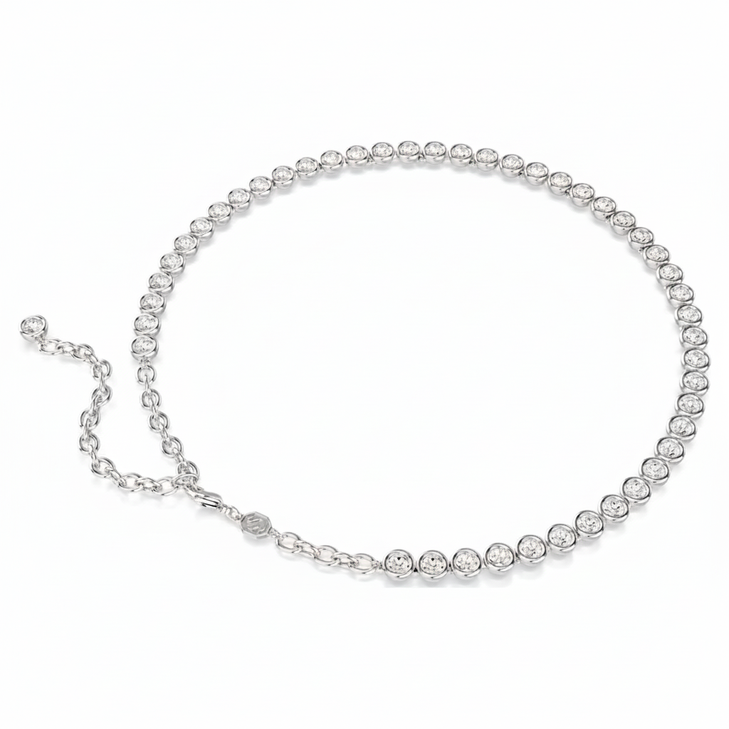 Swarovski Imber tennis necklace with round-cut white crystals and rhodium plating, elegant jewelry for special occasions.