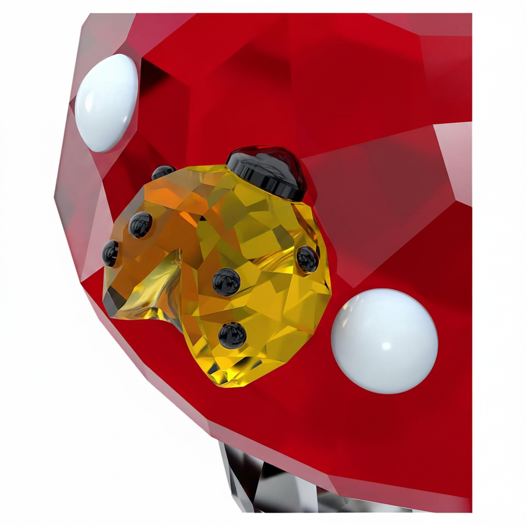 Swarovski Idyllia mushroom ornament with detailed ladybugs and floral design in sparkling crystal and delicate craftsmanship