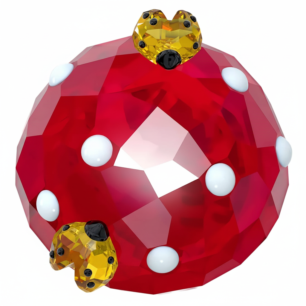 Swarovski Idyllia mushroom and ladybugs figurine featuring detailed crystal craftsmanship and vibrant red and green accents.
