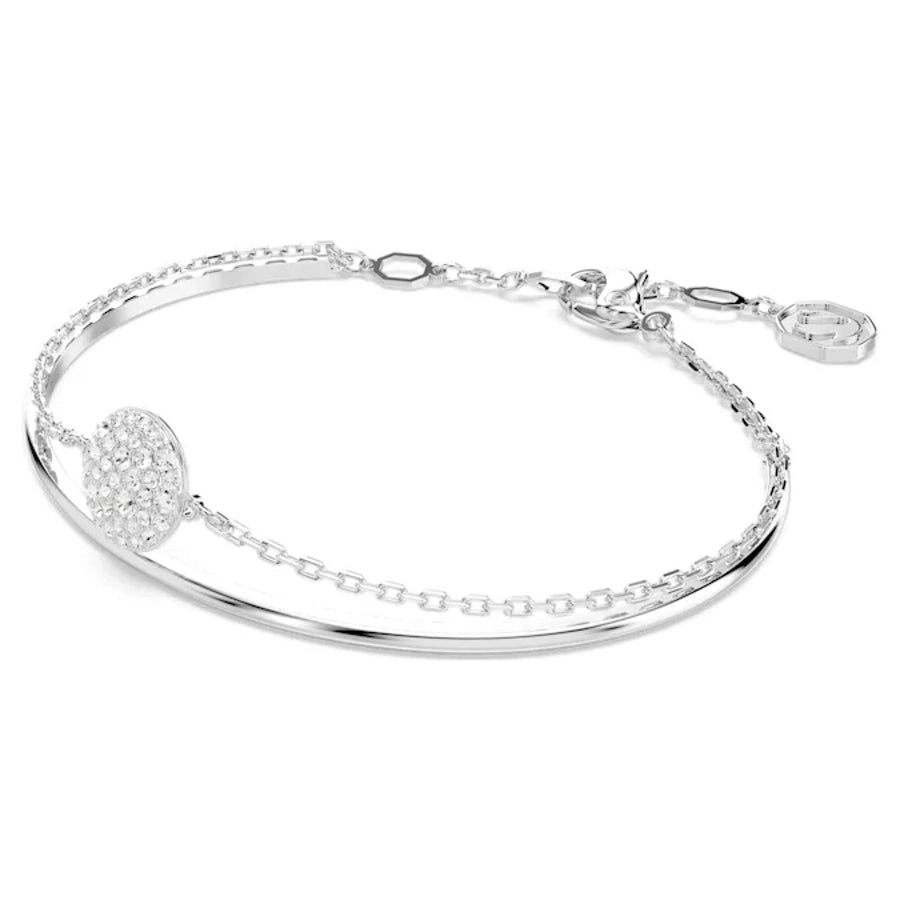 Swarovski Meteora Bangle in white rhodium plating with sparkling crystal accents, elegant jewelry accessory.