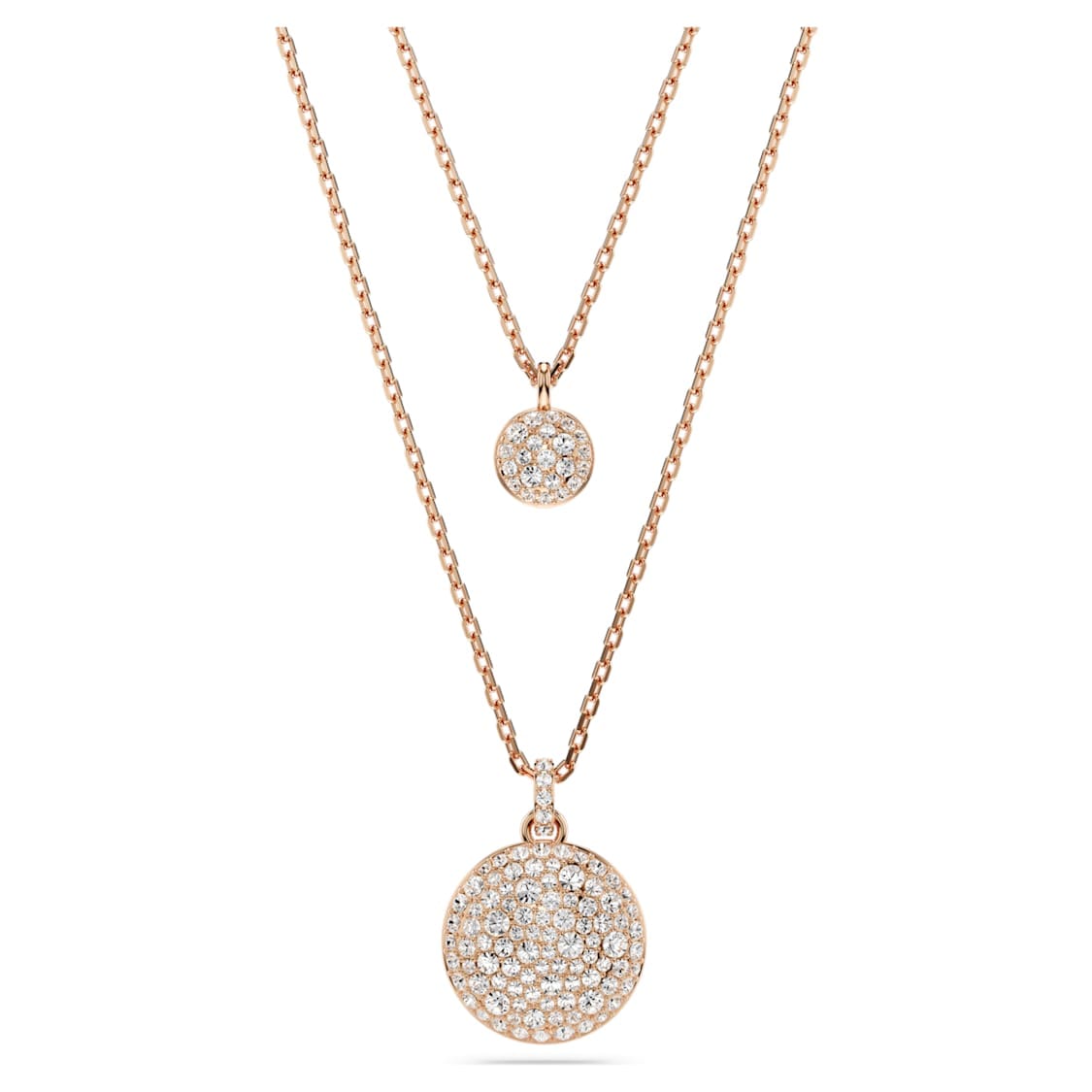Swarovski Meteora layered pendant with white rose gold-tone plating, featuring sparkling crystal accents and elegant design.