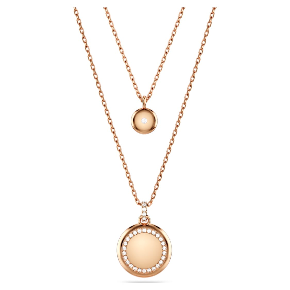 Swarovski Meteora layered pendant with white rose gold-tone plating, featuring sparkling crystals and elegant design.