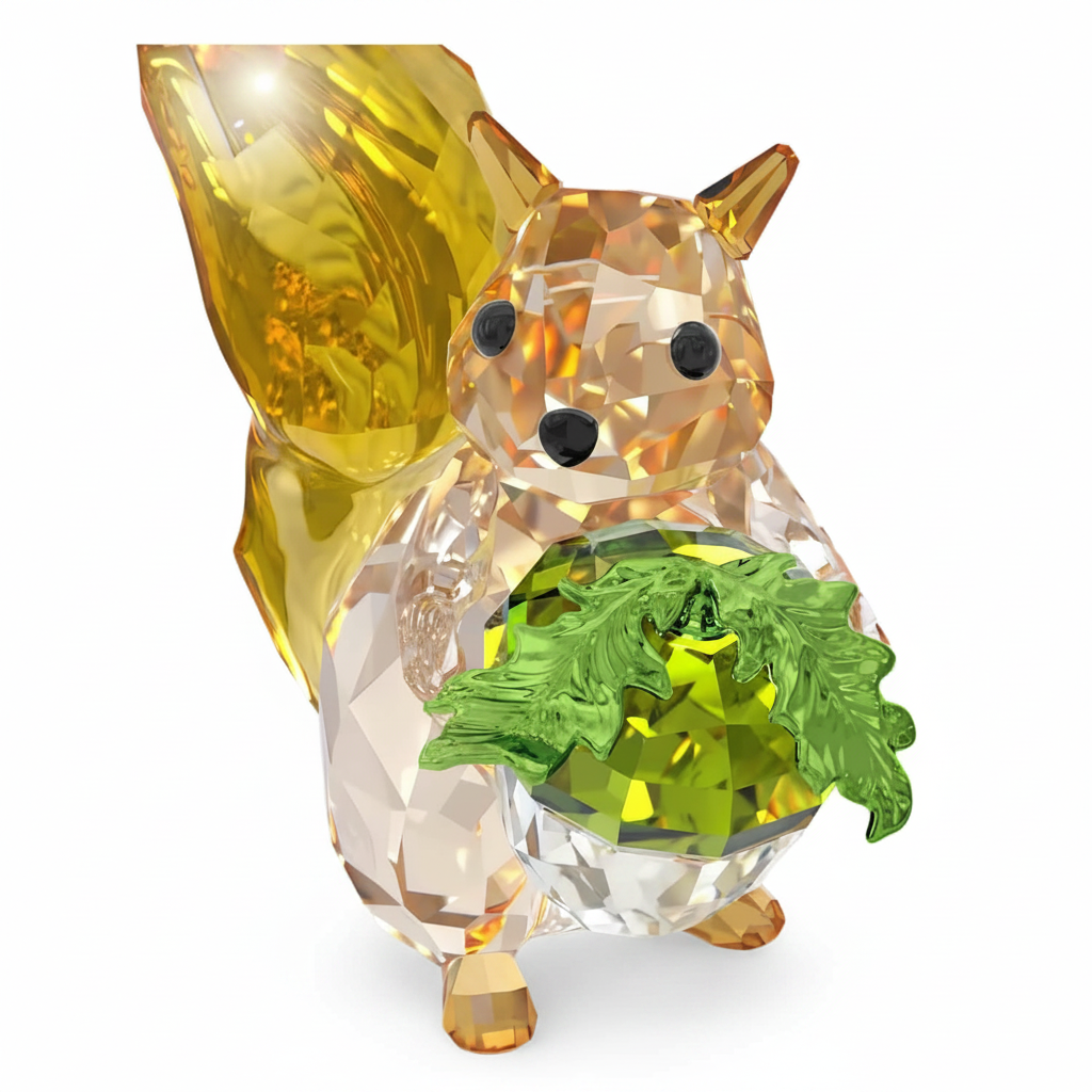 Swarovski Idyllia squirrel figurine with acorn, sparkling crystal sculpture of a cute squirrel holding an acorn.