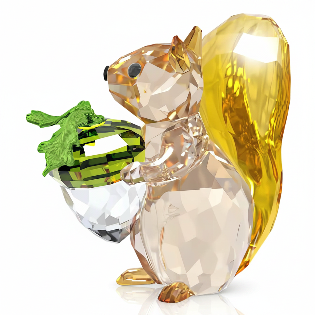 Swarovski Idyllia squirrel figurine with acorn, detailed crystal sculpture featuring a realistic squirrel and acorn design.