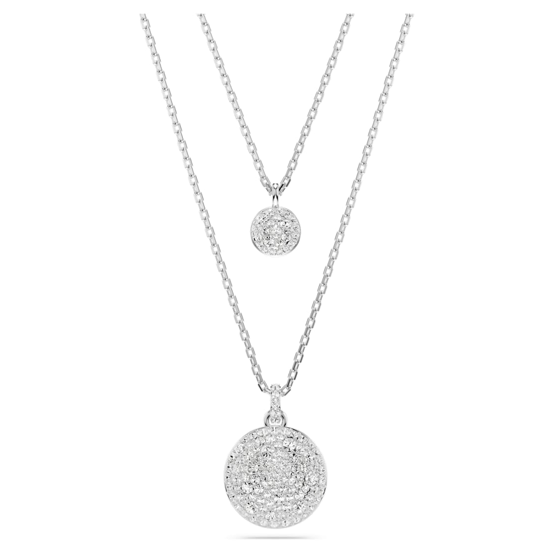 Swarovski Meteora layered pendant in white with rhodium plating, featuring sparkling crystal accents on a delicate chain.