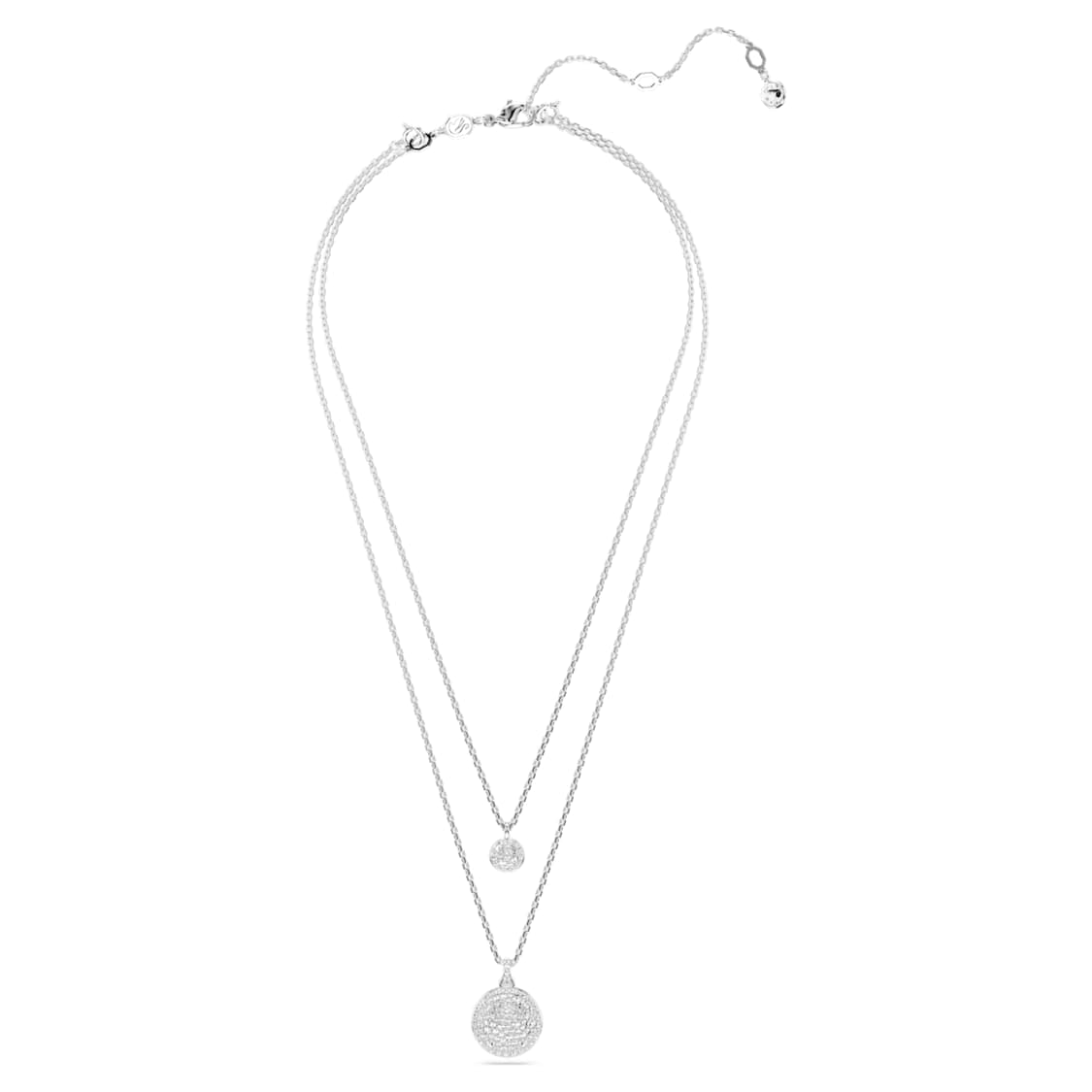 Swarovski Meteora layered pendant with white crystals and rhodium plating, showcasing elegant jewelry design.