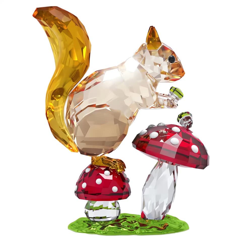 Swarovski Idyllia squirrel figurine with detailed mushrooms, crafted with crystal and intricate design.