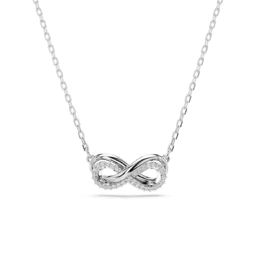 Swarovski Hyperbola Pendant Pavé in white with infinity design, rhodium plated, showcasing sparkling crystals on a delicate chain.