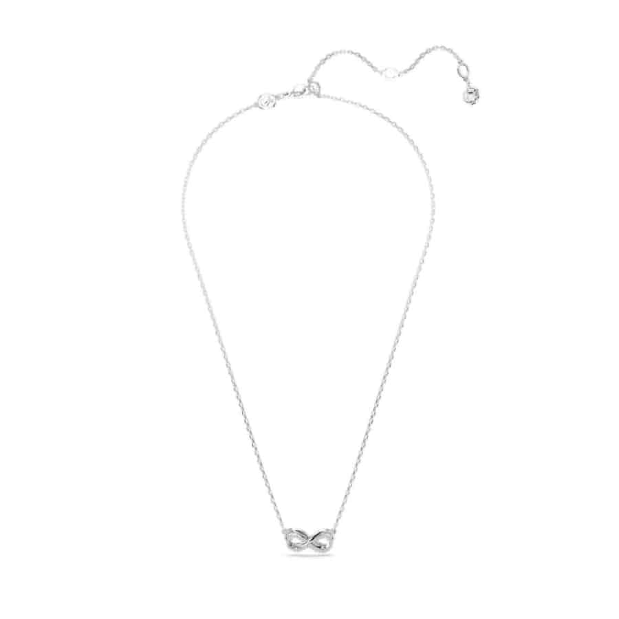 Swarovski Hyperbola Pendant Pavé with infinity design, white stones, rhodium plating, elegant jewelry piece.