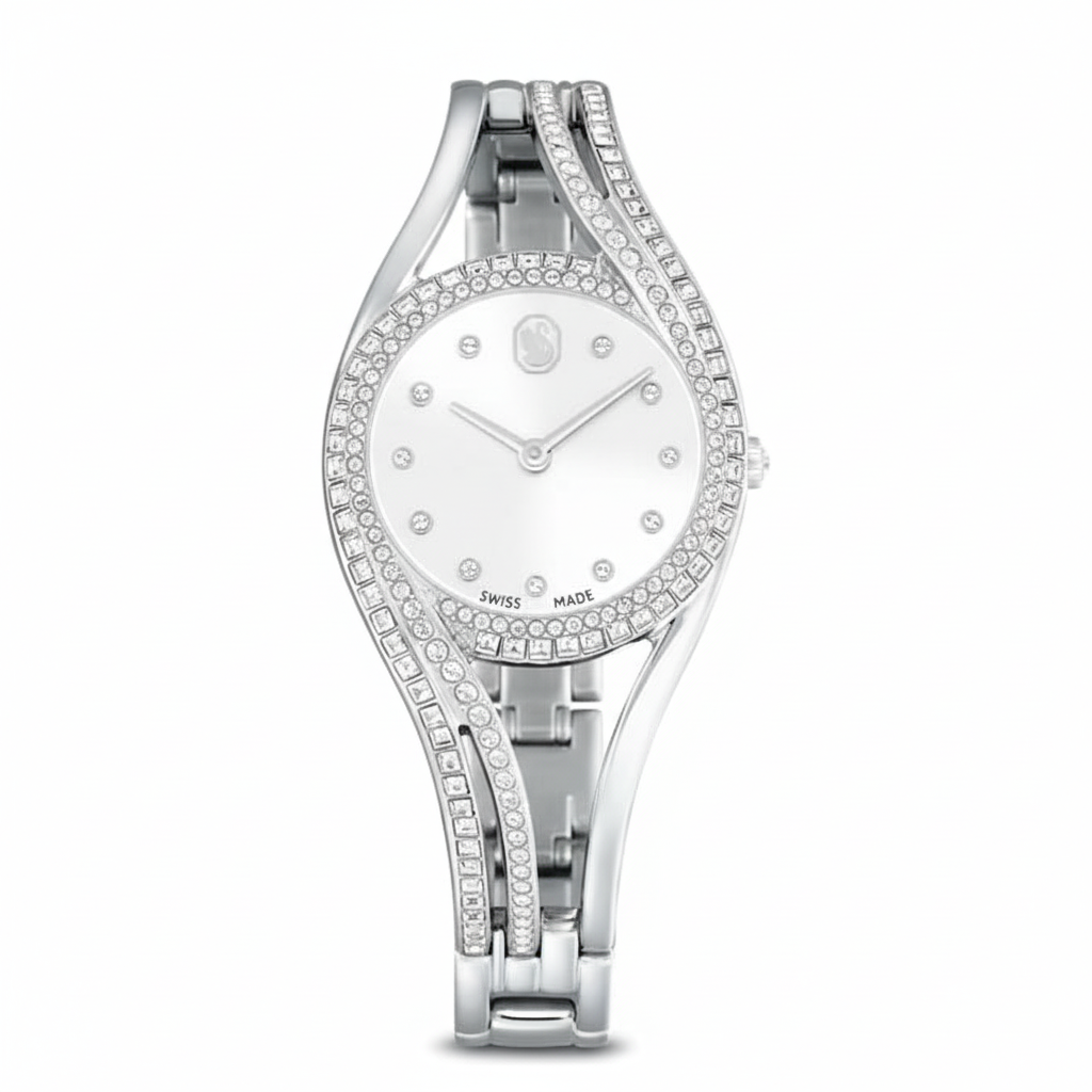 Swarovski Hyperbola bangle watch in silver tone with stainless steel case, Swiss-made, featuring a sleek and modern design.