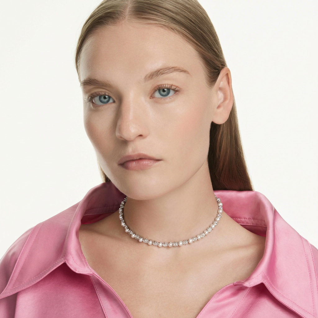 Swarovski Matrix Tennis Necklace with round cut white crystal pearls, rhodium-plated for a sleek, elegant look