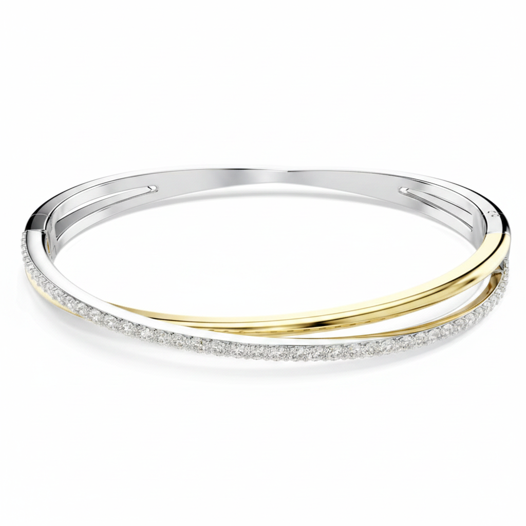 Swarovski Hyperbola Bangle featuring sleek silver-tone metal with sparkling crystal accents on a clean background