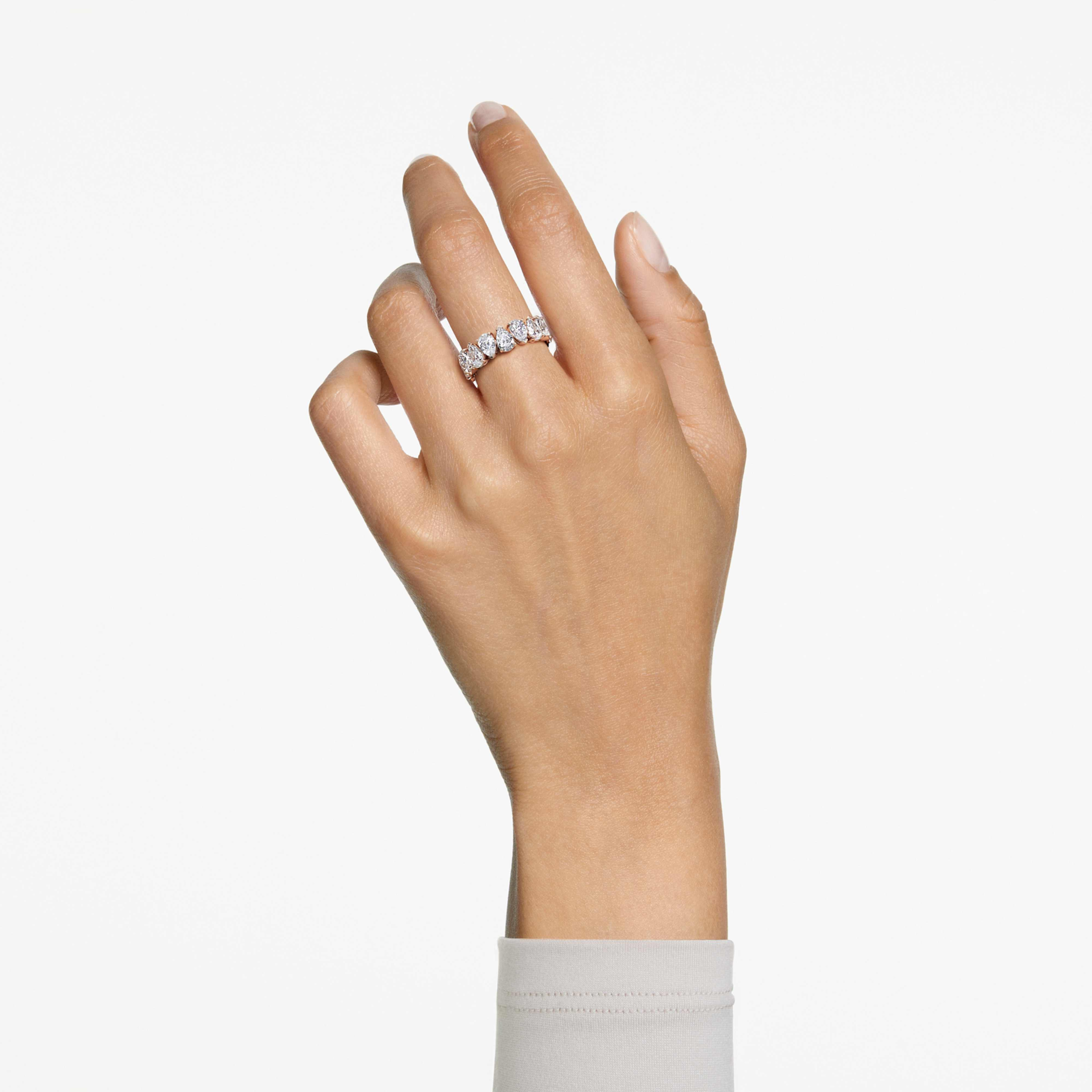 Swarovski Matrix Vittore ring with pear-shaped white crystal, rose gold-tone finish, showcasing elegant jewelry design