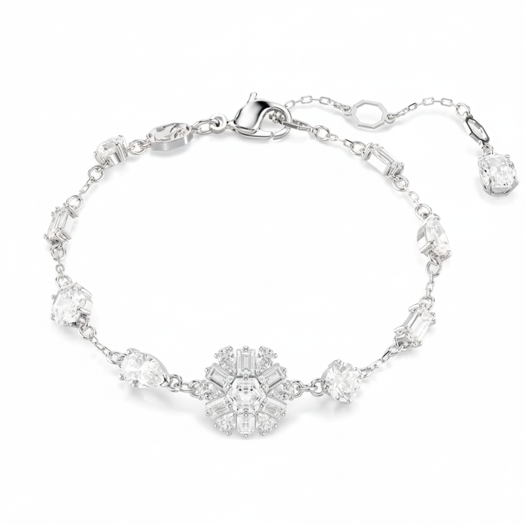 Swarovski Idyllia bracelet featuring sparkling crystal beads and delicate silver chain on a white background.