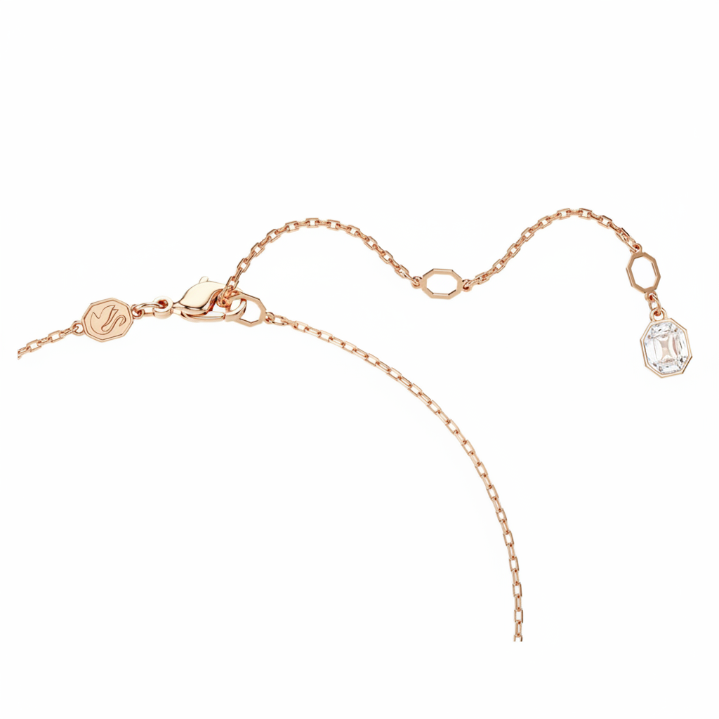 Swarovski Dextera pendant with round white crystal, rose gold-tone plated jewelry, showcasing elegant gemstone jewelry design.