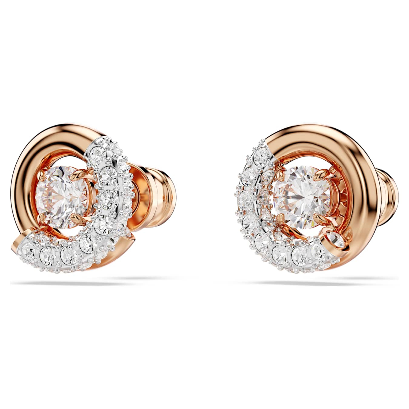 Swarovski Dextera stud earrings with round white crystals in rose gold-tone plated setting on a white background.
