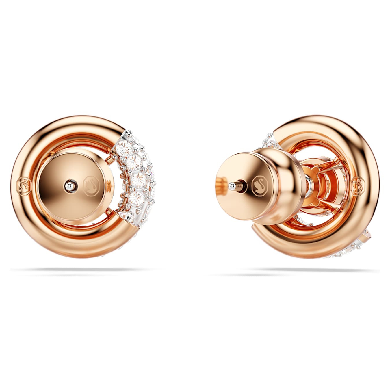 Swarovski Dextera round cut white stud earrings with rose gold-tone plating, featuring sparkling crystal stones.