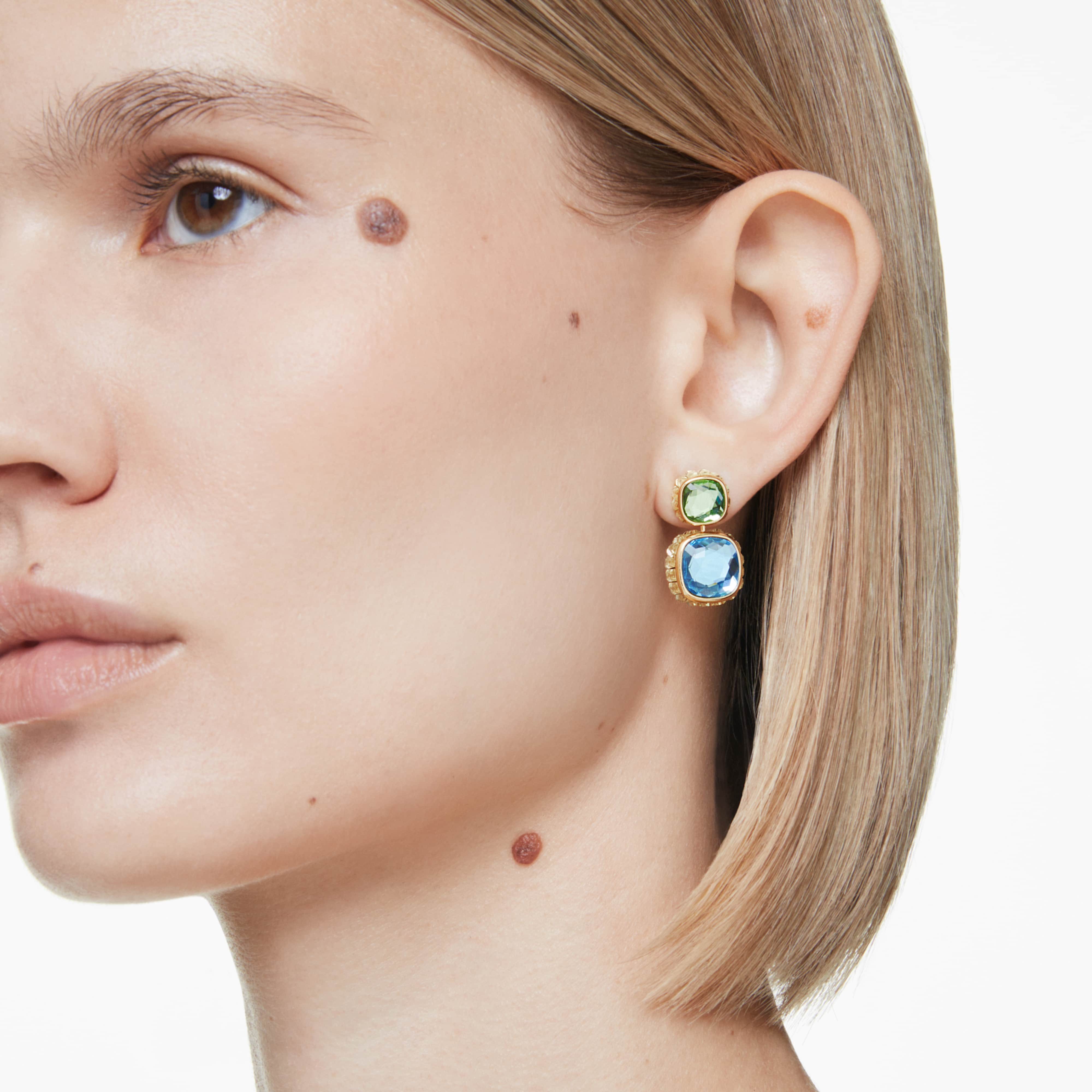 Swarovski Chroma Drop Earrings with cushion cut multicolored crystals and gold-tone plating, elegant jewelry accessory