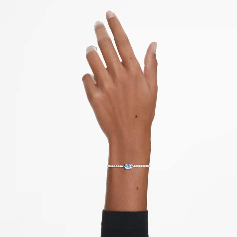 Swarovski Matrix tennis bracelet with mixed-cut blue crystals and rhodium plating, elegant jewelry accessory.