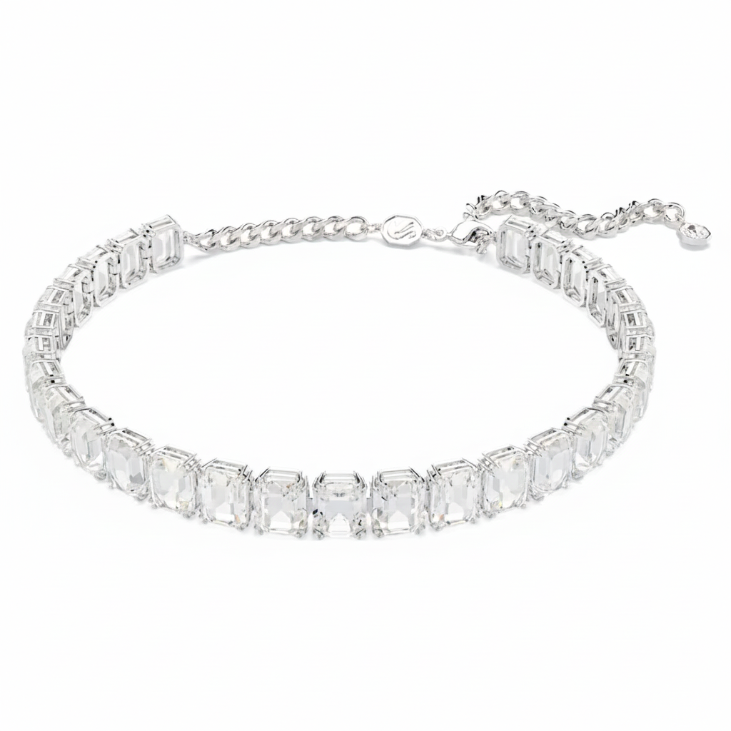 Swarovski Millenia crew neck necklace with octagonal white crystal and rhodium plating, elegant jewelry accessory