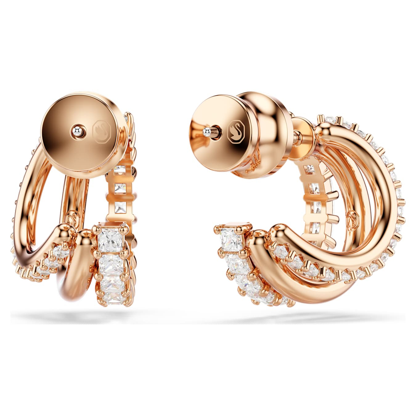Swarovski Hyperbola hoop earrings in rose gold-tone with mixed-cut white crystals, mini size, elegant jewelry accessory