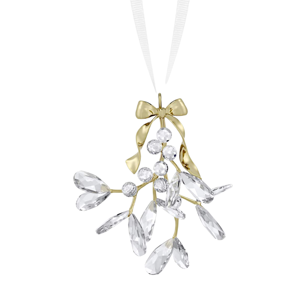 Sparkling Swarovski Holiday Magic Mistletoe Ornament with intricate crystal detailing hanging on a holiday tree.