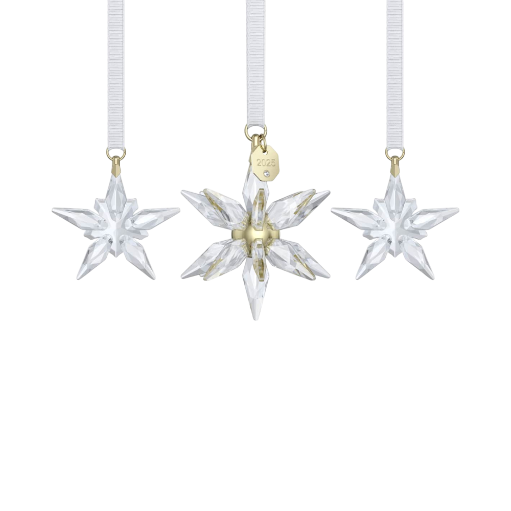 Swarovski Annual Edition 2025 3D ornament set featuring sparkling crystal designs in elegant holiday packaging