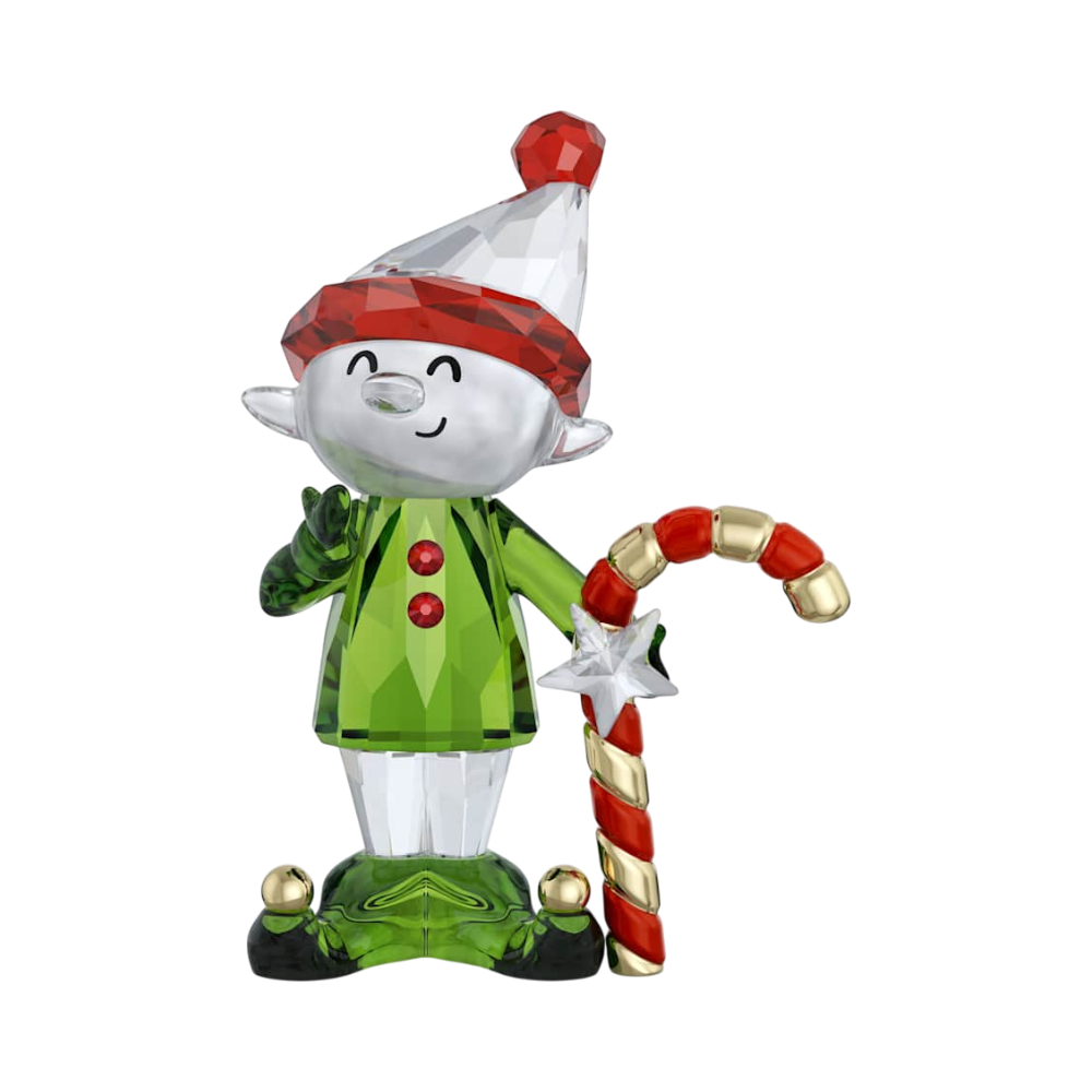 Swarovski Holiday Cheers Dulcis Elf and Candy Cane figurine with sparkling crystal details on a festive display