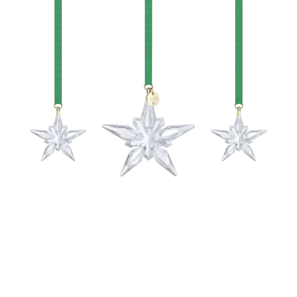 Swarovski Annual Edition Ornament Set 2025 with sparkling crystal ornaments and decorative packaging, designed for holiday collection.