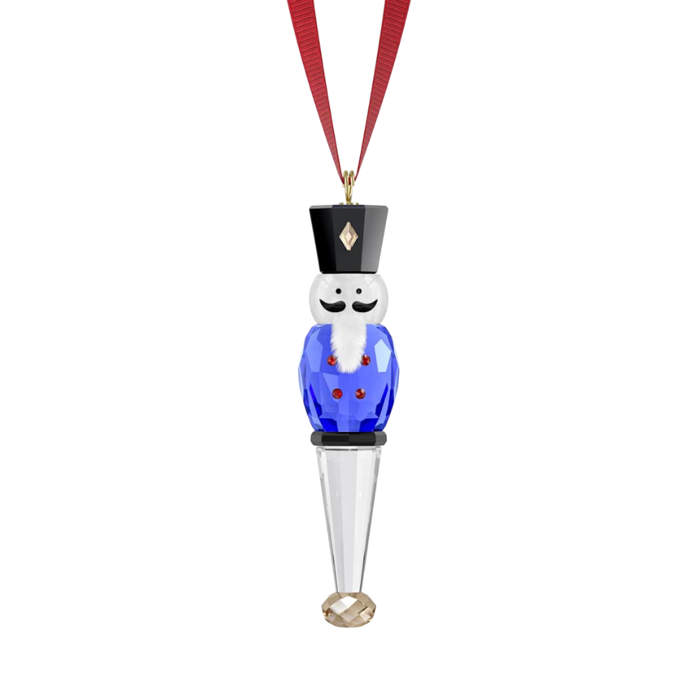 Swarovski Holiday Cheers Nutcracker Ornament in blue with intricate detailing, perfect for festive holiday decor.