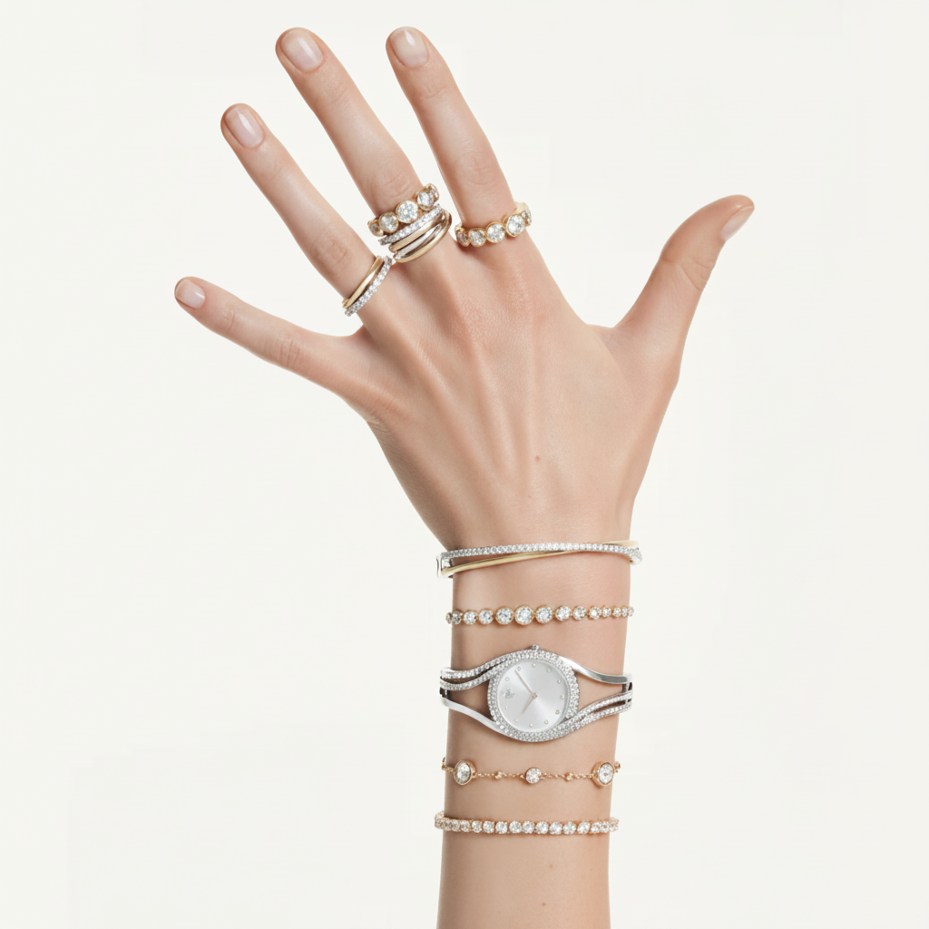 Swarovski Imber tennis bracelet featuring sparkling crystal stones on a sleek silver-tone setting.