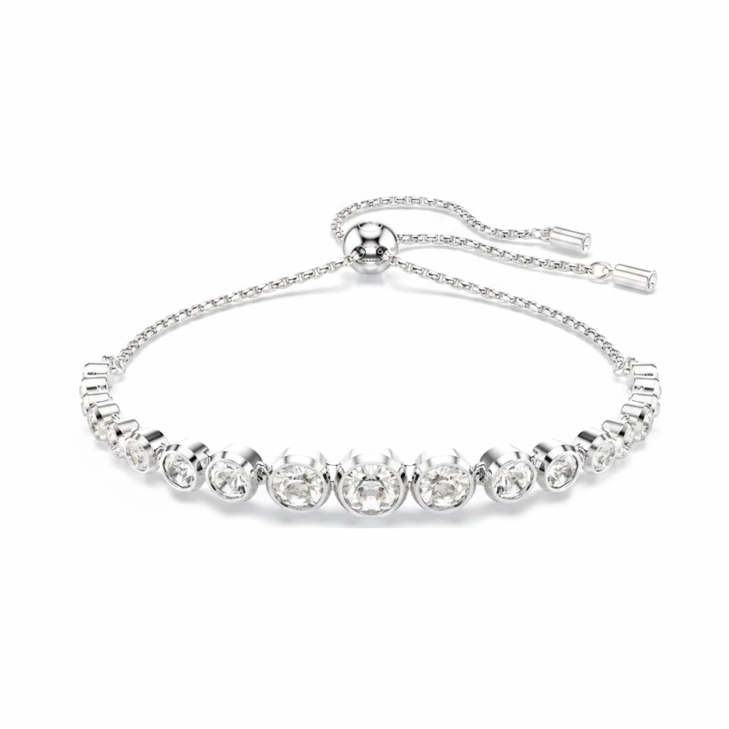 Swarovski Imber Tennis Bracelet featuring sparkling crystal beads and silver-tone clasp on a white background.