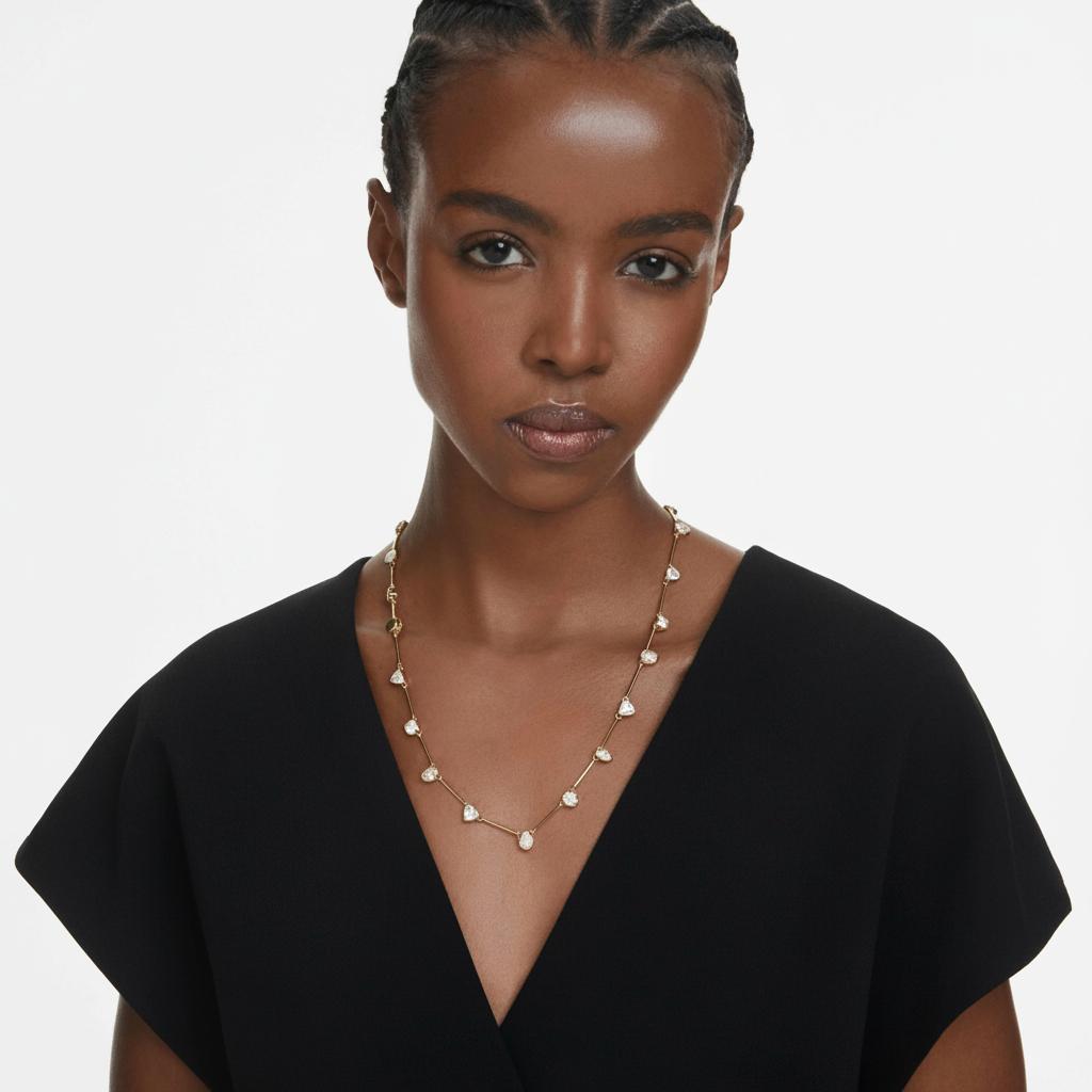 Swarovski Imber tennis necklace with mixed cut white crystals on gold-tone plated chain, elegant and sparkling jewelry piece