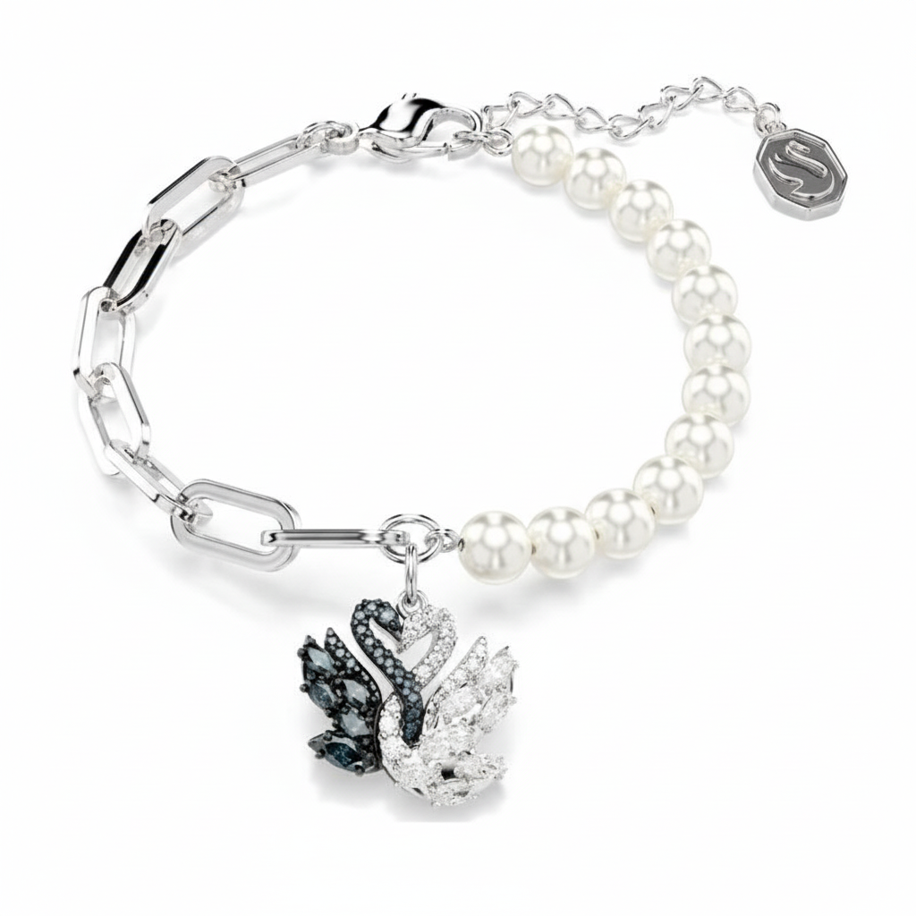 Swarovski Swan bracelet with crystal pearl, black accent, rhodium plating, featuring a detailed swan charm.