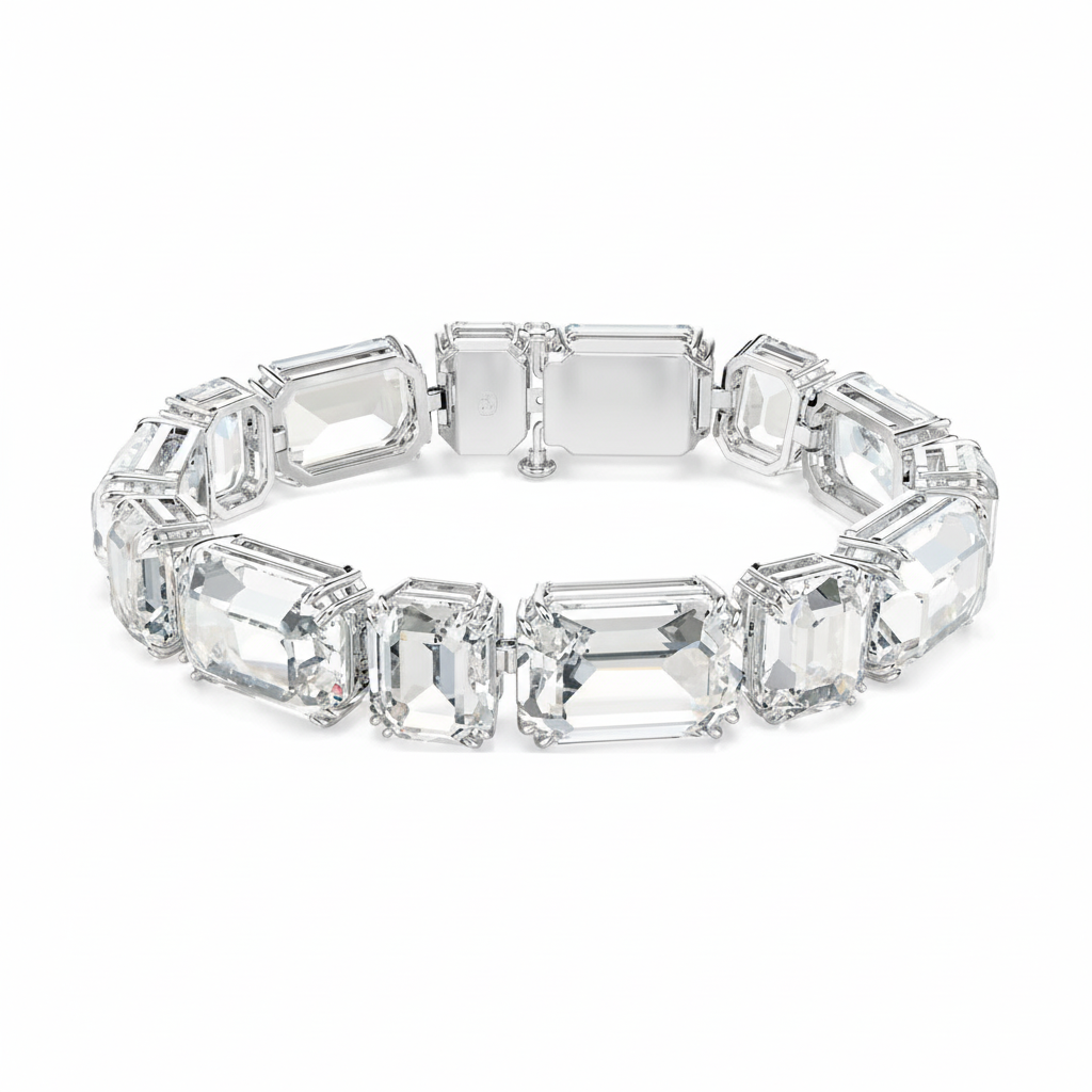 Swarovski Millenia tennis bracelet with octagon-cut white crystals, rhodium-plated silver design, elegant jewelry accessory