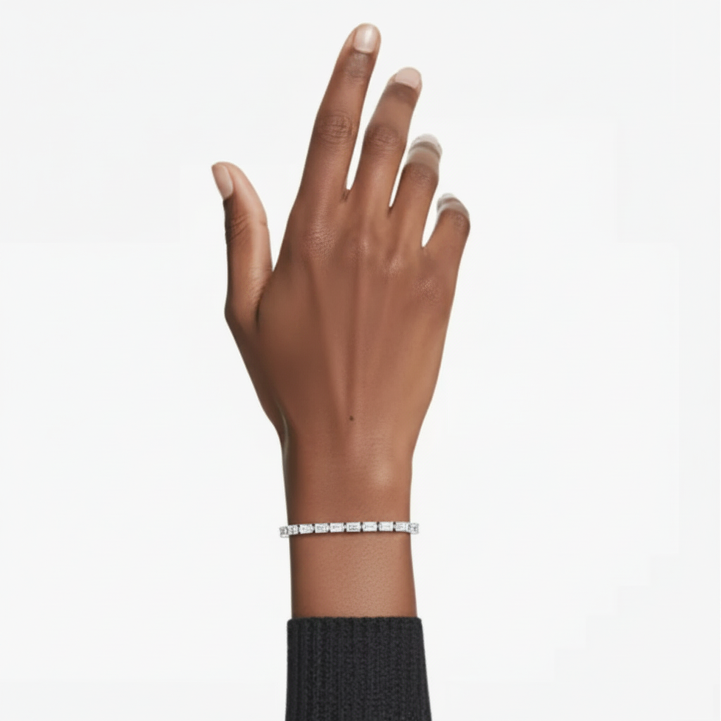 Swarovski Matrix tennis bracelet with baguette-cut white crystals, rhodium-plated metal, elegant and sparkling jewelry accessory.