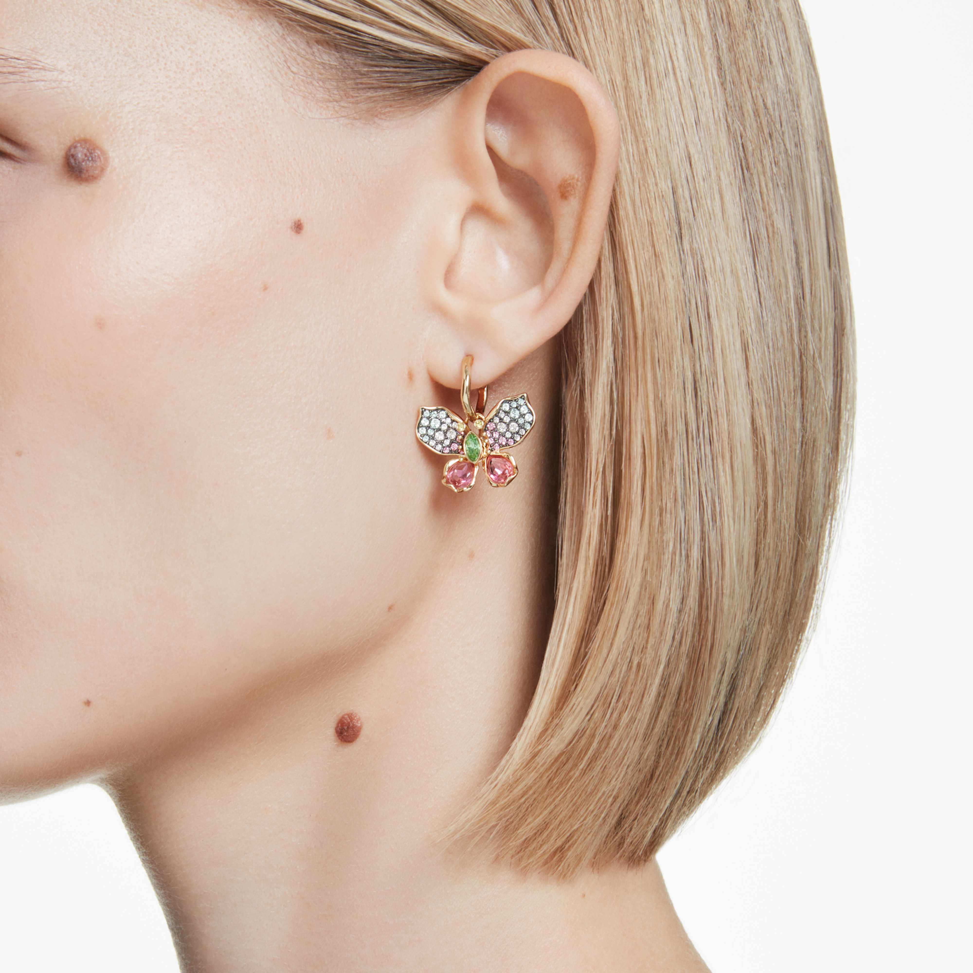 Swarovski Idyllia drop earrings with multicolored mixed cuts, pavé detailing, butterfly design, and mixed metal finish.