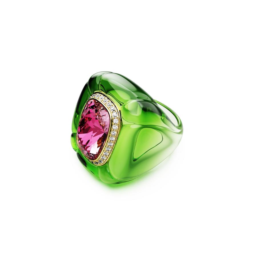 Swarovski Dulcis cocktail ring with cushion-cut multicolored crystals and pavé design, showcasing elegant jewelry craftsmanship.