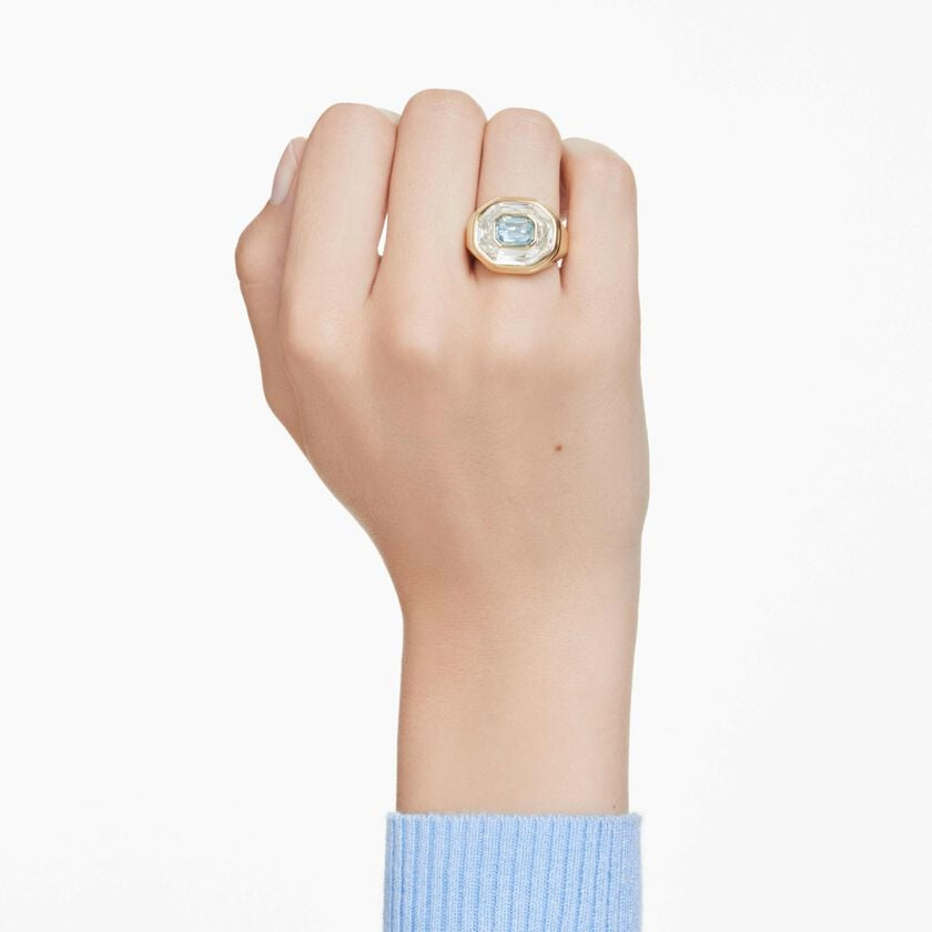 Swarovski Chroma cocktail ring with an octagon-shaped blue crystal, gold-tone plated band, elegant jewelry accessory