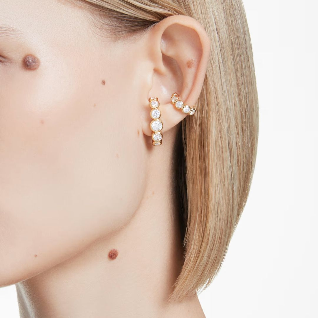 Swarovski Imber Ear Cuff set with three round-cut white stones in gold-tone plated metal, stylish ear jewelry for women.