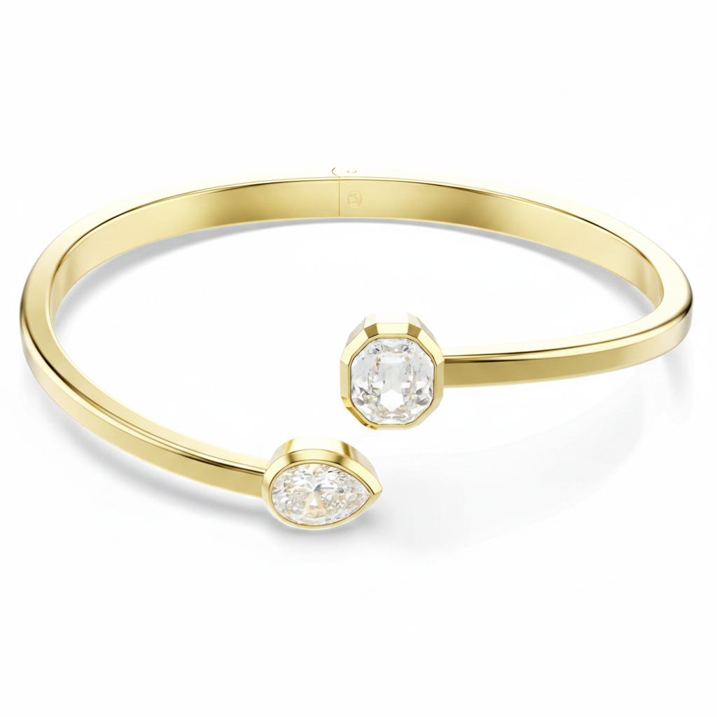 Swarovski Imber Bangle featuring sparkling crystal accents and sleek silver-tone metal, designed for elegant wrist wear.