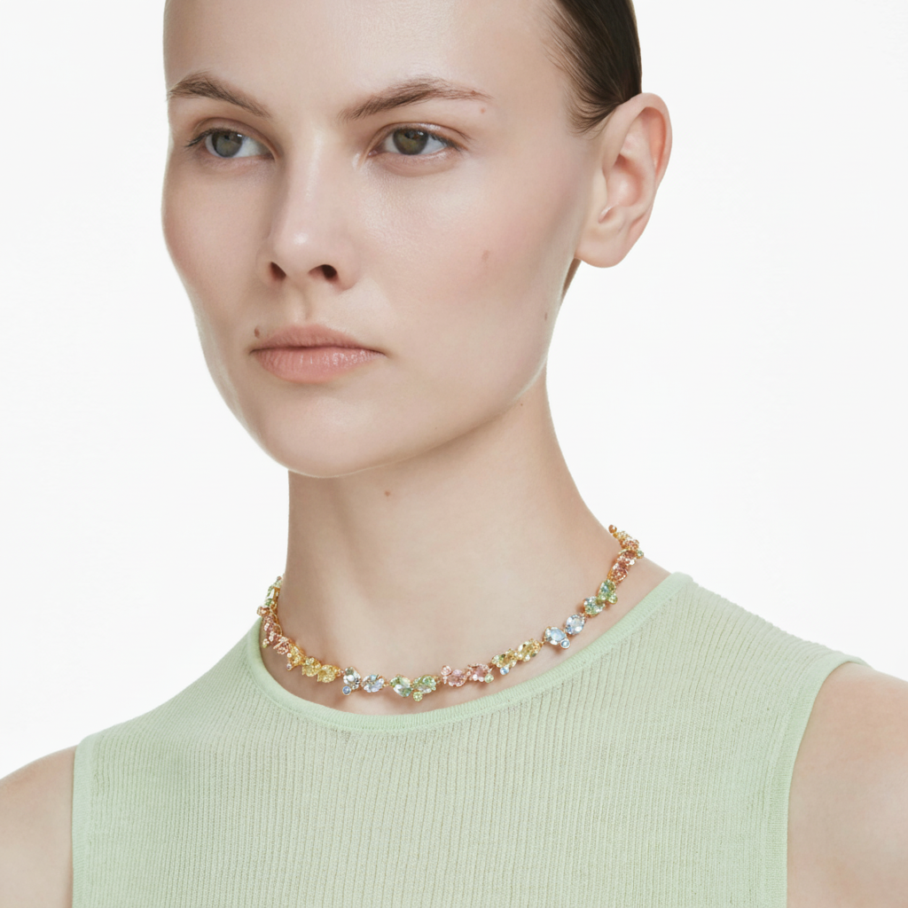 Swarovski Gema Tennis Necklace with multicolored mixed-cut crystals on gold-tone plated chain, elegant jewelry piece
