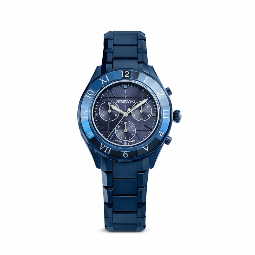 Swarovski Dextera Chrono Watch 39mm with blue dial, Swiss Made, metal bracelet, and blue finish.