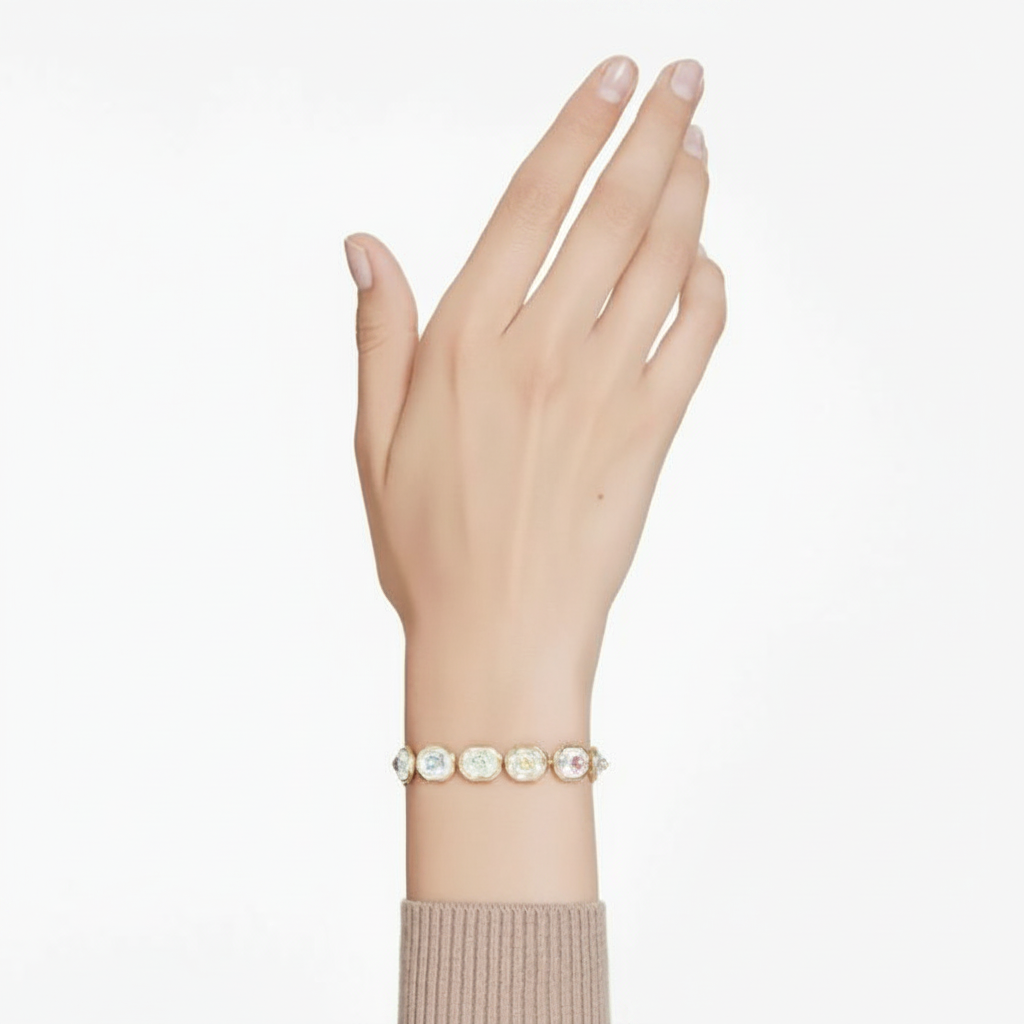 Swarovski Chroma tennis bracelet featuring sparkling multicolored crystals on a silver-tone metal band.