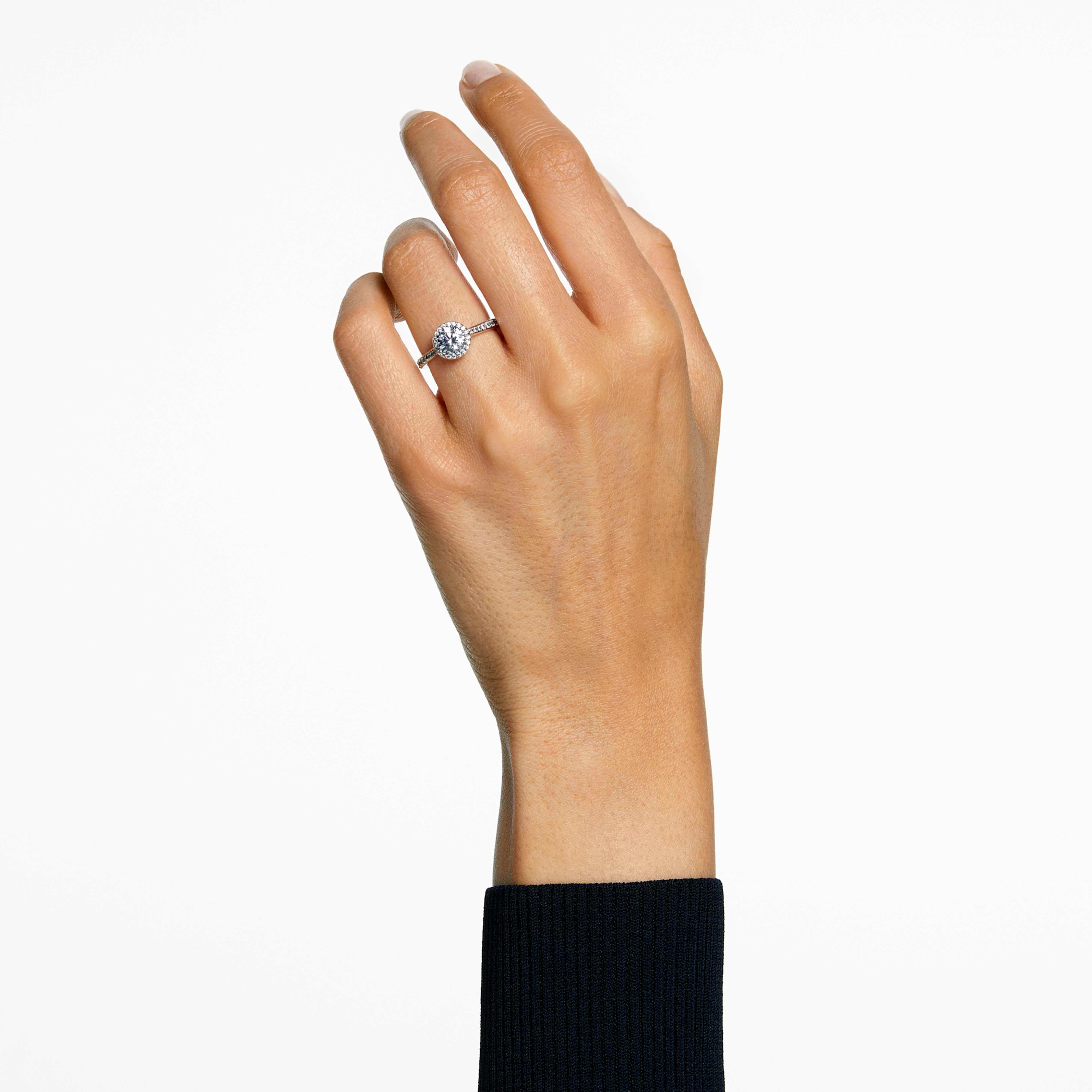 Swarovski Una Angelic ring with round cut white crystal, silver-tone finish, showcasing elegant jewelry craftsmanship
