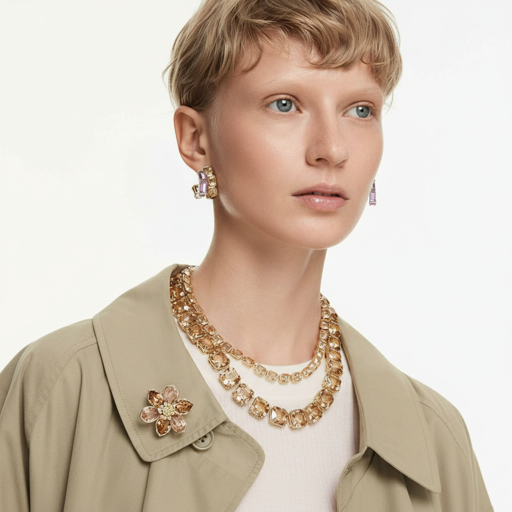 Swarovski Millenia Tennis Necklace with octagon-cut yellow crystals in gold-tone plating, elegant jewelry piece.