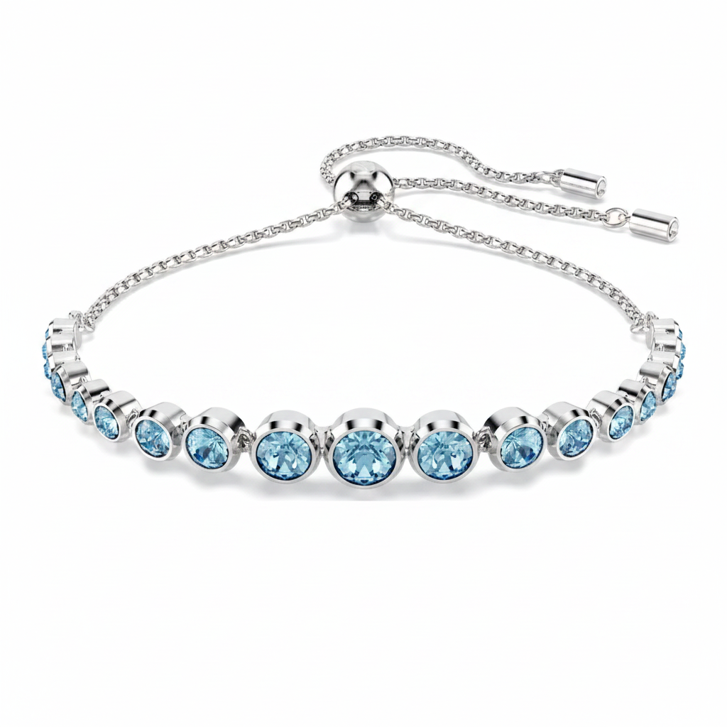 Swarovski Imber tennis bracelet featuring sparkling crystal beads and a silver-tone clasp on a white background.