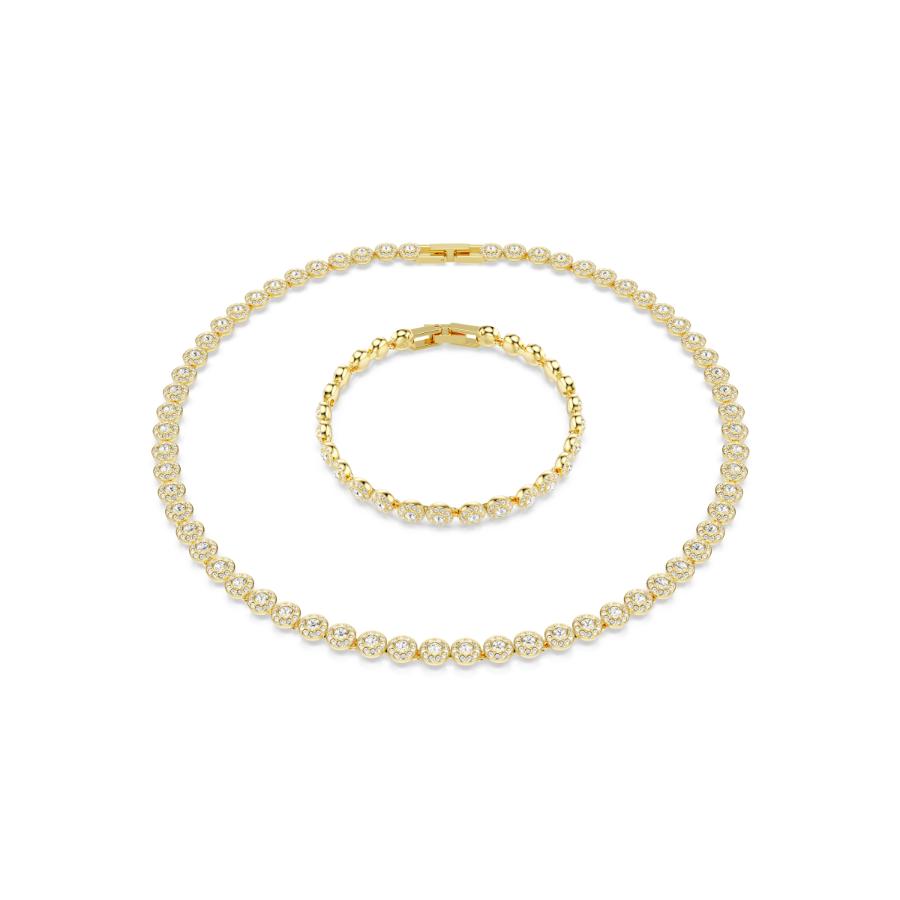 Swarovski Una Angelic jewelry set with round cut white crystals and gold-tone plating, including earrings and necklace.